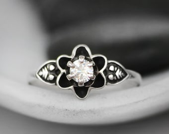 Dainty Vintage Style Moissanite Flower Engagement Ring, Antique Style Victorian Buttercup Ring | Moonkist Designs