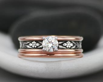 Forget Me Not Engagement Ring Set, Two Tone Rose Gold and Sterling Silver Wedding Ring Set, Floral Wedding Ring Set | Moonkist Designs