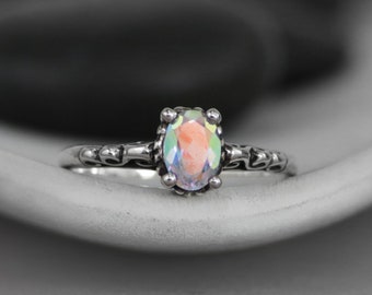 Mercury Mist Topaz Engagement Ring, Vintage Style Sterling Silver Oval Topaz Ring, Alternative Rainbow Topaz Ring | Moonkist Designs