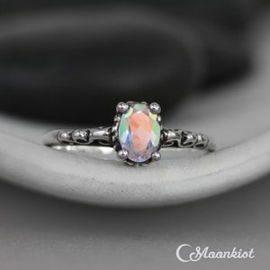 Mercury Mist Topaz Engagement Ring, Vintage Style Sterling Silver Oval Topaz Ring, Alternative Rainbow Topaz Ring | Moonkist Designs