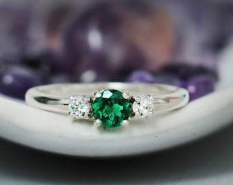 Emerald Three Stone Ring, Sterling Silver Emerald Ring, Three Stone Emerald Engagement Ring | Moonkist Designs
