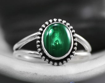 Dainty Oval Malachite Ring, Sterling Silver Split Shank Ring, Green Gemstone Ring, Silver Handmade Ring | Moonkist Designs