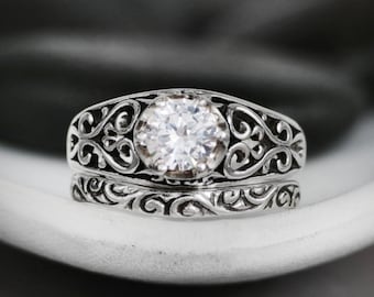 Antique Moissanite Engagement Ring with Matching Wedding Band, Vintage Filigree Engagement Ring Set, Diamond Alternative | Moonkist Designs