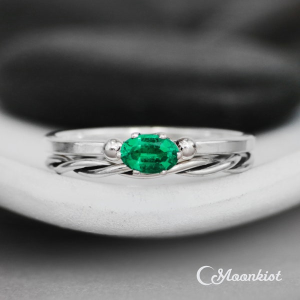 Size 8 Dainty Emerald Engagement Ring Set, Sterling Silver Emerald Wedding Ring Set, Celtic Crown Engagement & Twist Band | Moonkist Designs