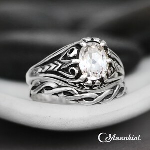 2ct Oval Moissanite Engagement Ring and Curved Wedding Band, Womens Celtic Engagement Ring Set, Irish Wedding Ring Set | Moonkist Designs