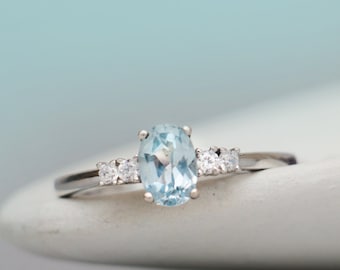 Five Stone Oval Blue Topaz Engagement Ring, Sterling Silver Oval Blue Topaz Ring, Sky Blue Oval Gemstone Promise Ring | Moonkist Designs