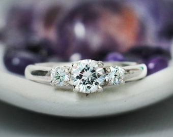 White Sapphire Three Stone Ring, Sterling Silver Sapphire Ring, 3 Stone Engagement Ring for Women | Moonkist Designs