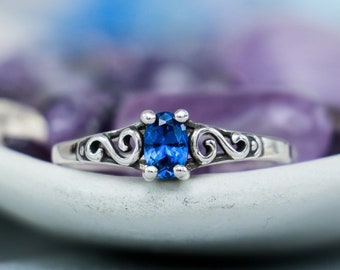 Dainty Oval Sapphire Ring, Sterling Silver Blue Sapphire Ring, Sapphire Promise Ring for Her, Ladies Sapphire Jewelry | Moonkist Designs