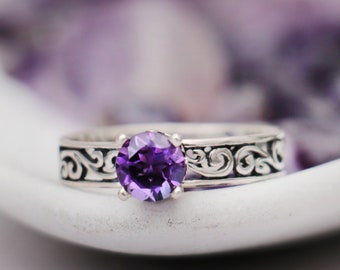 1 Carat Round Amethyst Engagement Ring Sterling Silver, Vine Filigree Wedding Promise Ring,  Amethyst Ring for Her | Moonkist Designs