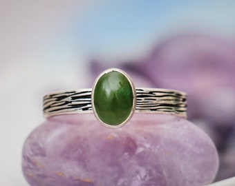 Green Jade Oval Shaped Ring, Tree Bark Gemstone Silver Ring, Handmade Promise Ring, Green Oval Ring, Gifts For Her | Moonkist Designs