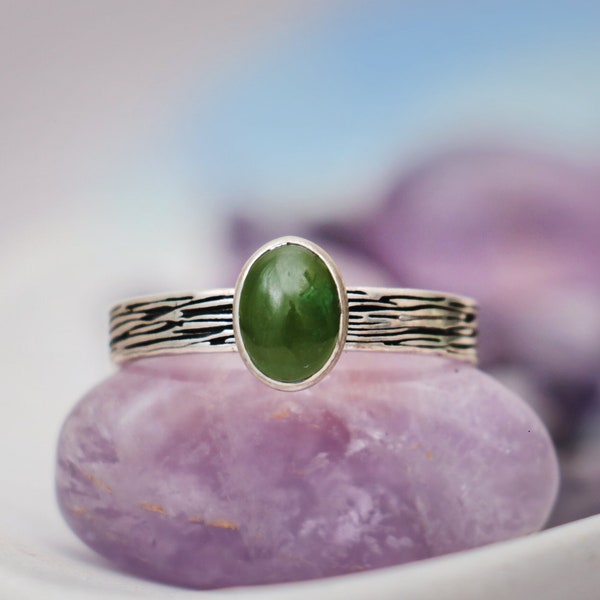 Green Jade Oval Shaped Ring, Tree Bark Gemstone Silver Ring, Handmade Promise Ring, Green Oval Ring, Gifts For Her | Moonkist Designs