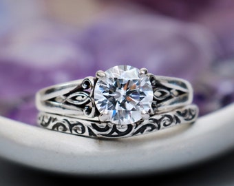 2 ct Round Moissanite Engagement Ring Set, 8mm Brilliant Cut Solitaire Wedding Ring Set, Silver Engagement Ring and Band | Moonkist Designs