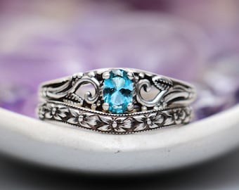 Natural Blue Topaz Ring and Floral Band Set, Handmade Silver Vine Engagement Ring Set, Gemstone Vintage Wedding Ring Set | Moonkist Designs