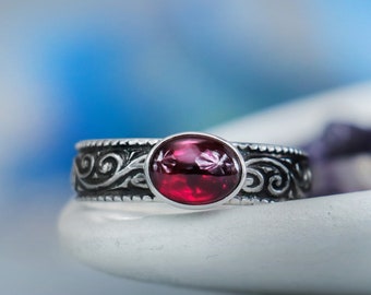 Garnet Promise Ring, Mens Pinky Ring, Sterling Silver Oval Mens Garnet Ring, January Birthstone Ring | Moonkist Designs