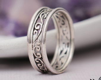 Nature Filigree Vine Wedding Band, Sterling Silver Antique Floral Wedding Ring, Wide Silver Band Ring, Open Filigree Band | Moonkist Designs