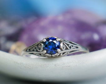 Dainty Blue Sapphire Promise Ring, Sterling Silver Blue Sapphire Engagement Ring, Vintage Filigree Sapphire Ring | Moonkist Designs