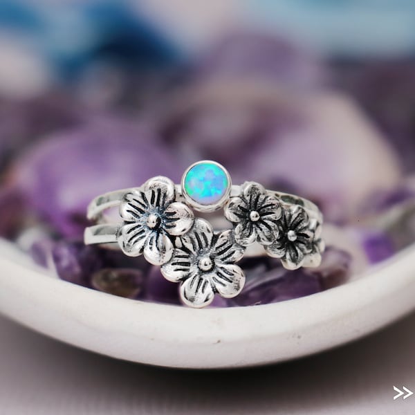 Botanical Stacking Rings, Sterling Silver Forget Me Not Ring Set, Blooming Flower Birthstone Ring for Women | Moonkist Designs