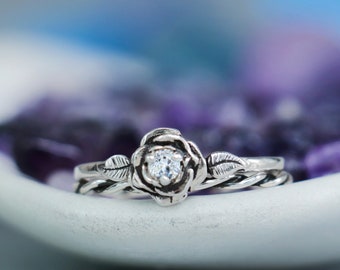 Moissanite Rose Engagement Ring Set & Twist Vine Ring, Sterling Silver Nature Inspired Wedding Ring Set | Moonkist Designs