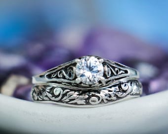 Dainty White Sapphire Engagement Ring & Floral Fitted Band, Sterling Silver Filigree Engagement Ring Set, Nature Inspired Wedding Ring Set