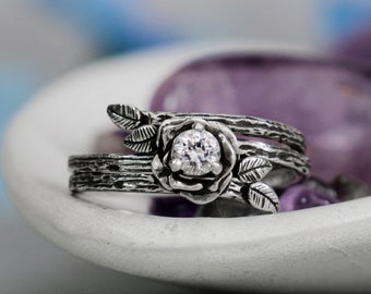 Nature Engagement Ring Set, Sterling Silver Rose Wedding Ring Set, Branch Ring, Moissanite Engagement Ring | Moonkist Designs