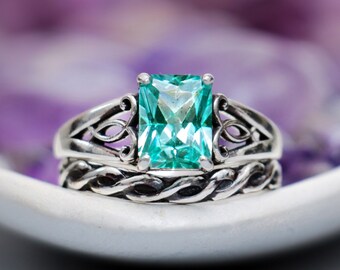 2 CT Radiant Cut Blue Green Spinel Ring Set for Women, Silver Gemstone Engagement Ring and Band, Celtic Bridal Set | Moonkist Designs