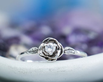 Rose Moissanite  Engagement Ring, Sterling Silver Rose Engagement Ring, Silver Rose Ring, Flower Promise Ring for Her, Sapphire Ring