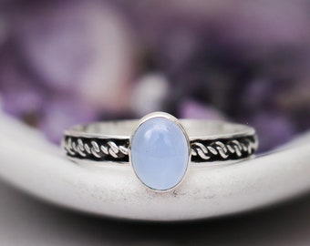 Periwinkle Blue Chalcedony Ring, Sterling Silver Oval Cabochon Ring with Patterned Band, Blue Gemstone Ring, Gift for Her | Moonkist Designs