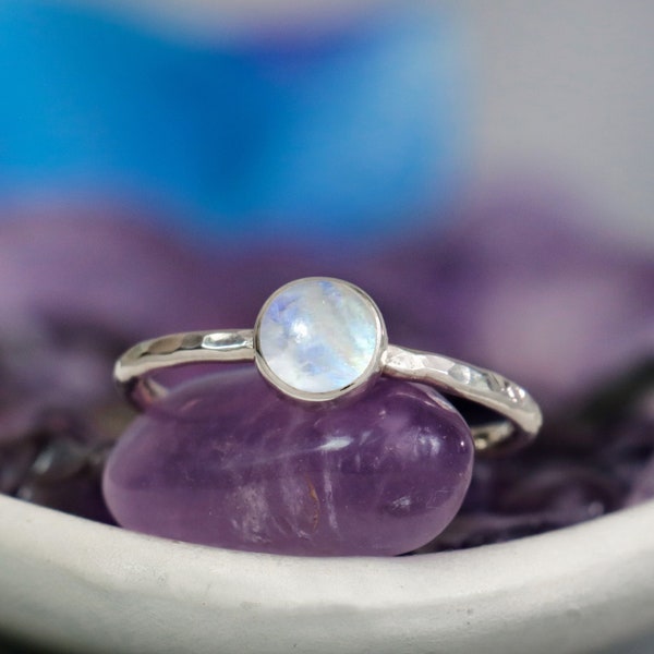 Rainbow Moonstone Promise Ring, Sterling Silver Moonstone Gemstone Ring, Round Stacking Ring, Gift For Her | Moonkist Designs