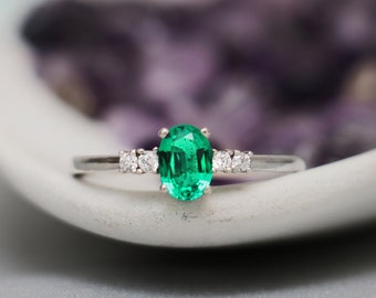 Five Stone Emerald Engagement Ring, Oval Cut Emerald Ring, Sterling Silver Green Gemstone Promise Ring, May Birthstone | Moonkist Designs
