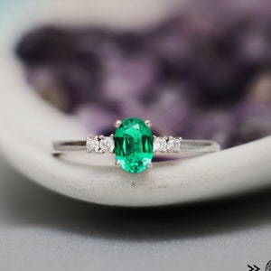 Five Stone Emerald Engagement Ring, Oval Cut Emerald Ring, Sterling Silver Green Gemstone Promise Ring, May Birthstone | Moonkist Designs