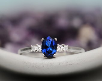 5 Stone Sapphire Engagement Ring, Sterling Silver Oval Blue Sapphire Ring, Oval Blue Gemstone Promise Ring for Women | Moonkist Designs