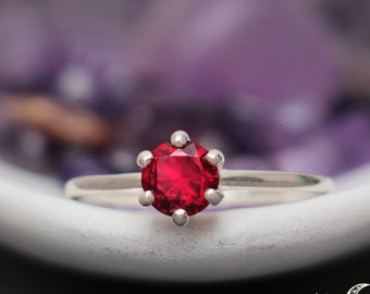 Classic Ruby Solitaire Ring, Sterling Silver Ruby Engagement Ring, July Birthstone Ring, Ruby Gemstone Ring | Moonkist Designs