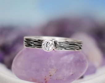 Nature Bezel Set Engagement Ring, Pine Tree Bark Wedding Anniversary Ring, Unique Moissanite Ring for Women, Gift for Her | Moonkist Designs