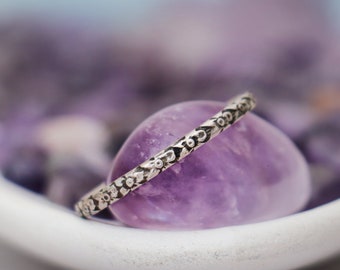 Dainty Iris Flower Wedding Band Ring for Women, Sterling Silver, Skinny Floral Patterned Band, Lily Blossom Narrow Ring | Moonkist Designs