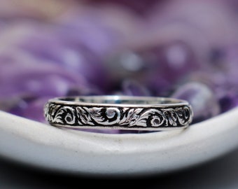 Nature Inspired Wedding Ring, Sterling Silver Womens Wedding Band, Floral Engraved Band Ring, Botanical Ring | Moonkist Designs