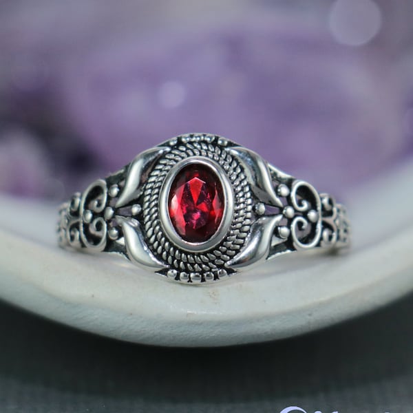 Vintage Style Ruby Class Ring, Sterling Silver Ruby Promise Ring, Unique Graduation Ring, Ruby Red CZ Ring | Moonkist Designs
