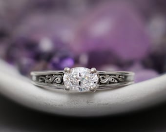 Unique Oval Shaped Moissanite Engagement Ring, Swirl East West Oval Engagement Ring, Victorian Women's Filigree Ring | Moonkist Designs