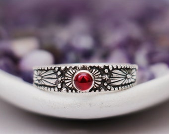 Genuine Garnet Ring, Handmade Silver Ring, Garnet Promise Ring, January Birthstone Gift for Her, Tribal Mandala Ring | Moonkist Designs