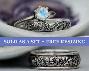 3 Piece His and Hers Wedding Ring Set, Unique Matching Wedding Bands, Trio Wedding Set | Moonkist Designs