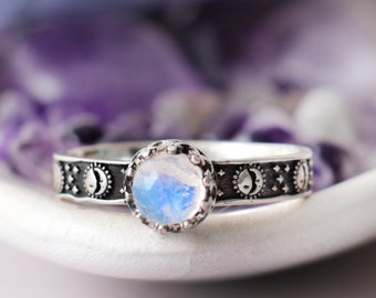 Moonstone Rose Cut Ring, Silver Sun and Moon Engagement Promise Ring, Celestial Wedding Ring, Rainbow Gemstone Ring | Moonkist Designs