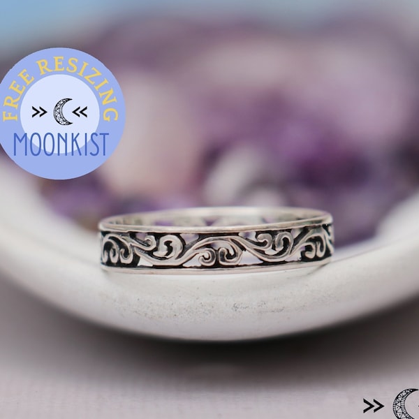 Vine Filigree Wedding Band for Women, Vintage Style Silver Wedding Ring, Unique Nature Inspired Open Band Ring for Her | Moonkist Designs