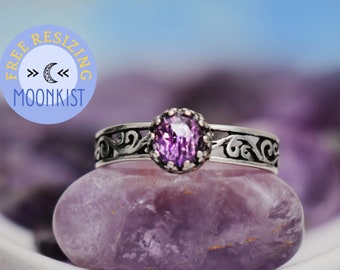 Amethyst Sterling Silver Ring, Natural Amethyst Ring, Purple Gemstone Ring, Open Band Ring, Vine Filigree Promise Ring | Moonkist Designs