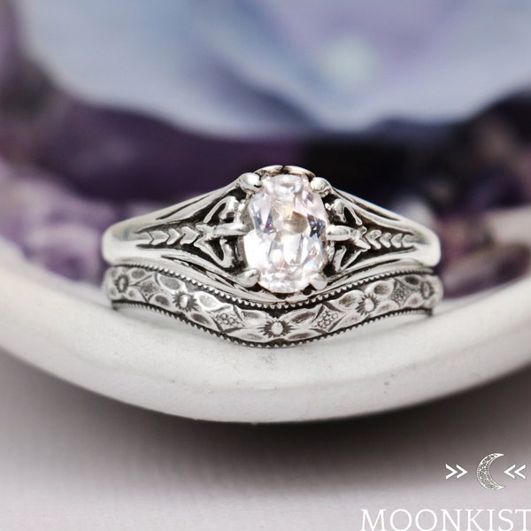 1 ct Oval Engagement Ring Set, Art Deco Engagement Ring with Textured Curved Band, Antique Style Wedding Ring Set | Moonkist Designs