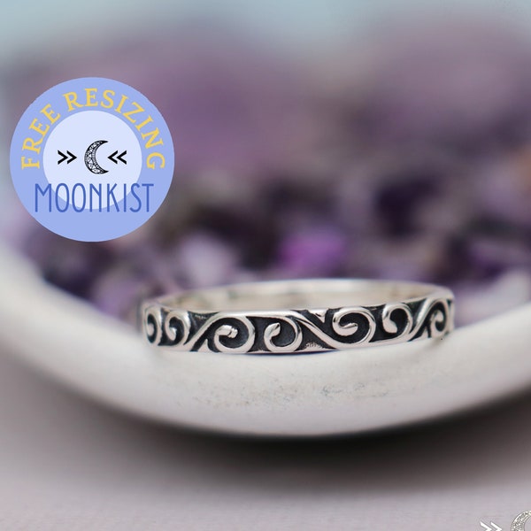 Oxidized Swirl Band Ring, Vintage Scroll Wedding Ring for Women, Narrow Ladies Wedding Band, Silver Patterned Band | Moonkist Designs