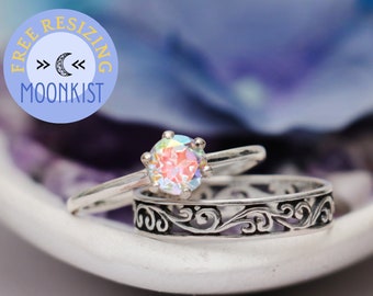 1 CT Round Vintage Engagement Ring Set, Womens Filigree Ring, Colored Stone Engagement Set, Silver Vine Wedding Ring Set | Moonkist Designs