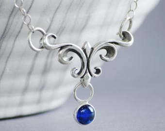 Art Nouveau Blue Sapphire Necklace, Sterling Silver Necklace, Elven Necklace | Moonkist Designs