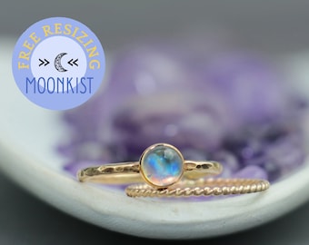 Modern Moonstone Engagement Ring Set, 14 K Gold Filled Moonstone Stacking Rings, Natural Moonstone Cabochon Ring Set | Moonkist Designs