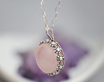 Rose Quartz Flower Necklace, Sterling Silver Cabochon Stone Necklace, Boho Flower Necklace | Moonkist Designs