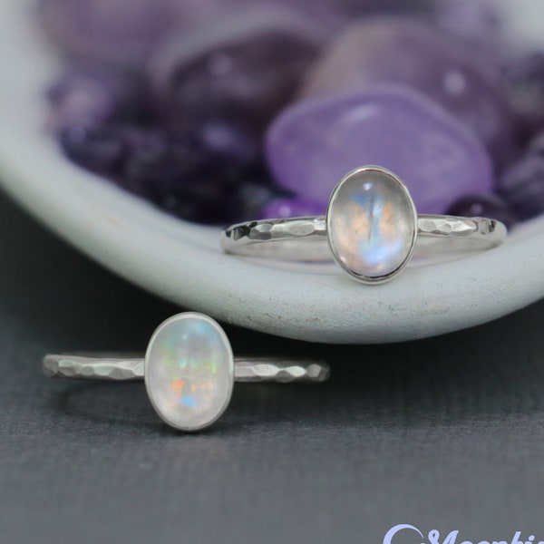 Delicate Rainbow Moonstone Ring, Sterling Silver Moonstone Promise Ring for Women, Oval Moonstone Cabochon Ring for Her | Moonkist Designs