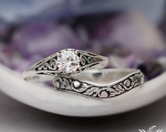 Dainty Nature Engagement Ring Set, Antique Style Filigree Engagement Ring with Curved Floral Wedding Band | Moonkist Designs